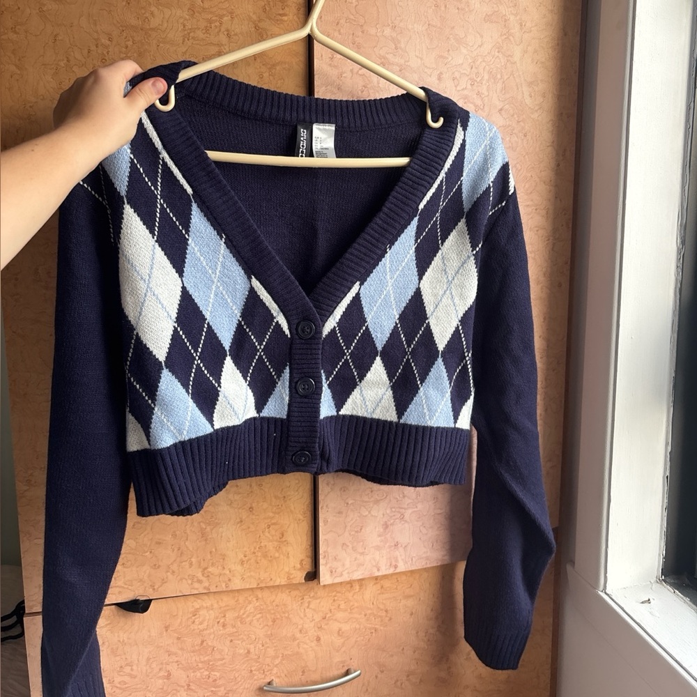 Navy Blue Argyle Women's Sweater